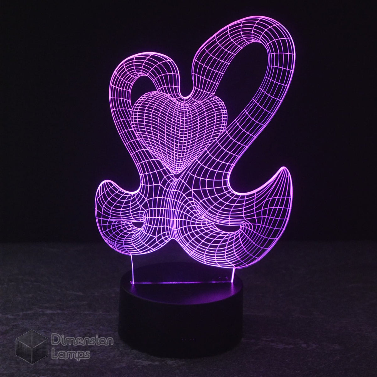 Vibrant purple LED Illusion lamp featuring two swans forming a heart, a graceful and affectionate lighting choice.
