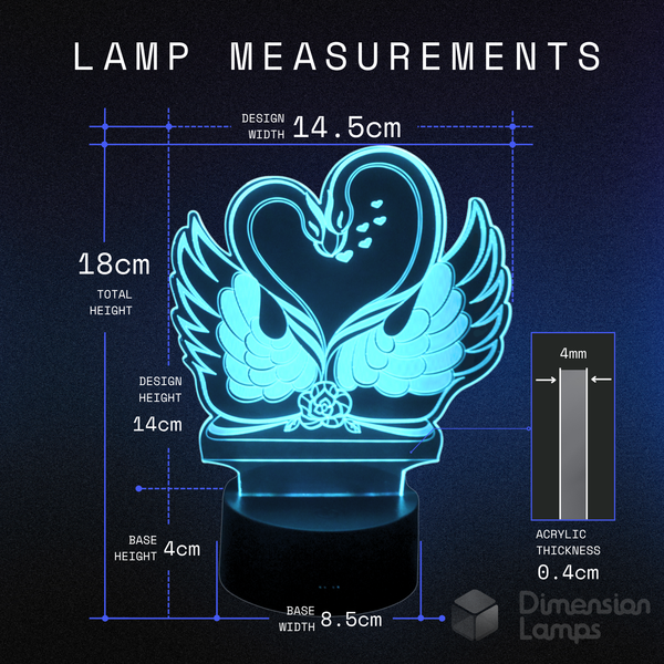 Detailed sizing of the Swan Kiss LED lamp: featuring a design width of 14.5cm and a total height of 18cm.