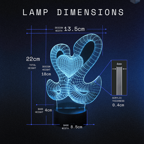 Size specifications for the Swan Heart 3D night light: 13.5cm design width, 22cm total height, 4mm acrylic thickness, 4cm base height, 8.5cm base width.