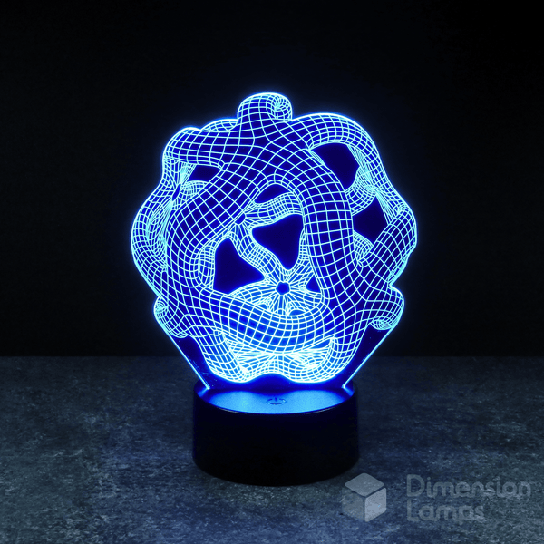 Blue warped reality 3d night lamps: abstract, complex geometric design illuminated on a lamp, rising from a base against a dark background. A cool night light for teens in Australia