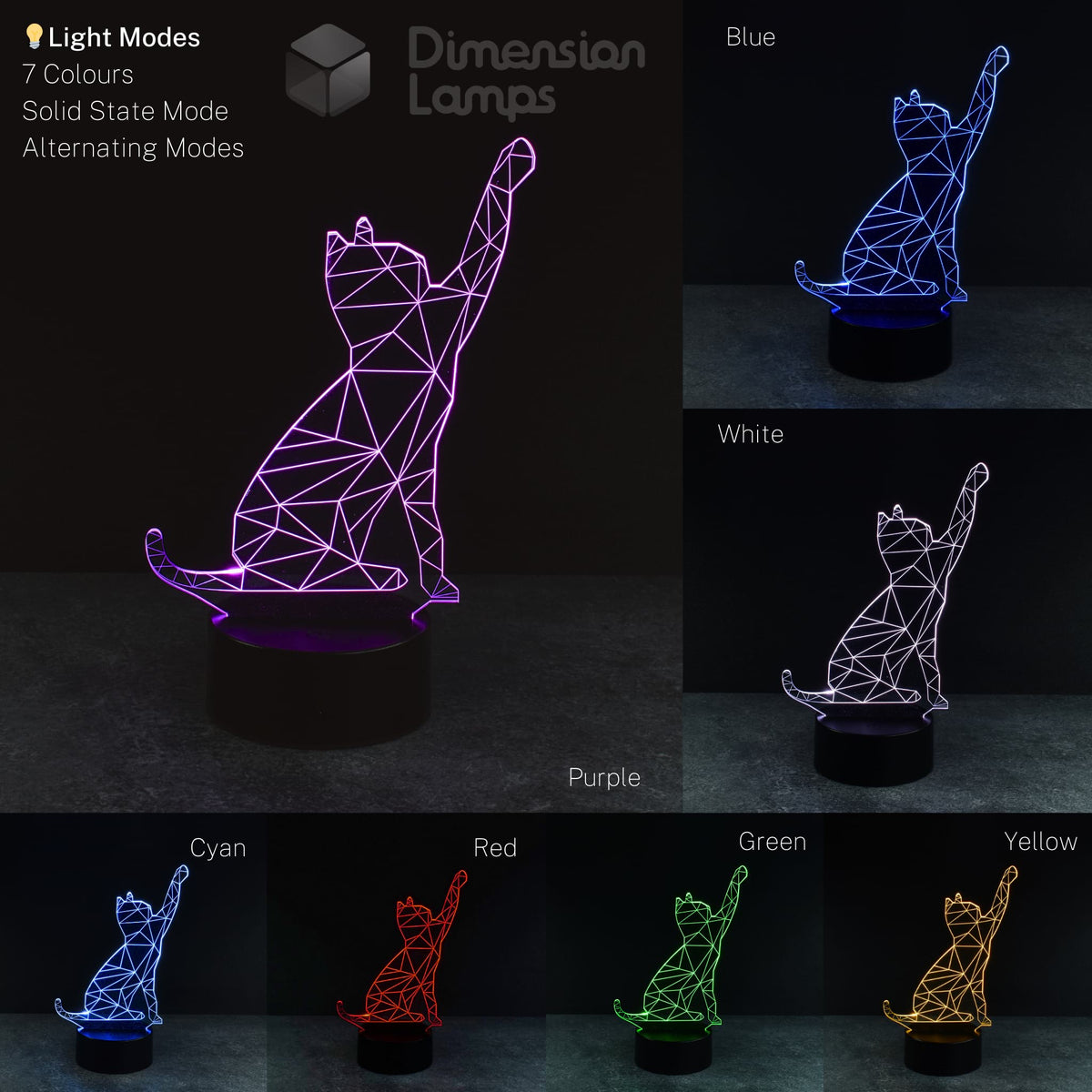 A 3D lamp in the form of a pawing cat with a geometric wireframe design is presented in a collage, showcasing its seven colour options against a dark background. This unique 3d night lamps option is a perfect gift for cat lovers. 