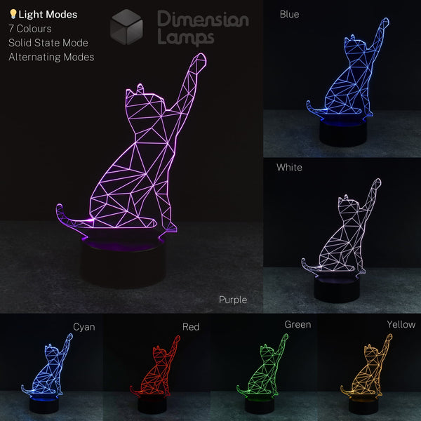 A 3D lamp in the form of a pawing cat with a geometric wireframe design is presented in a collage, showcasing its seven colour options against a dark background. This unique 3d night lamps option is a perfect gift for cat lovers. 
