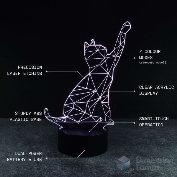A 3D lamp in the shape of a pawing cat with a geometric wireframe design features precision laser etching, 7 colour modes, a clear acrylic display, a sturdy ABS plastic base, smart-touch operation, and dual power via battery and USB. A unique gift for cat lovers across Australia.