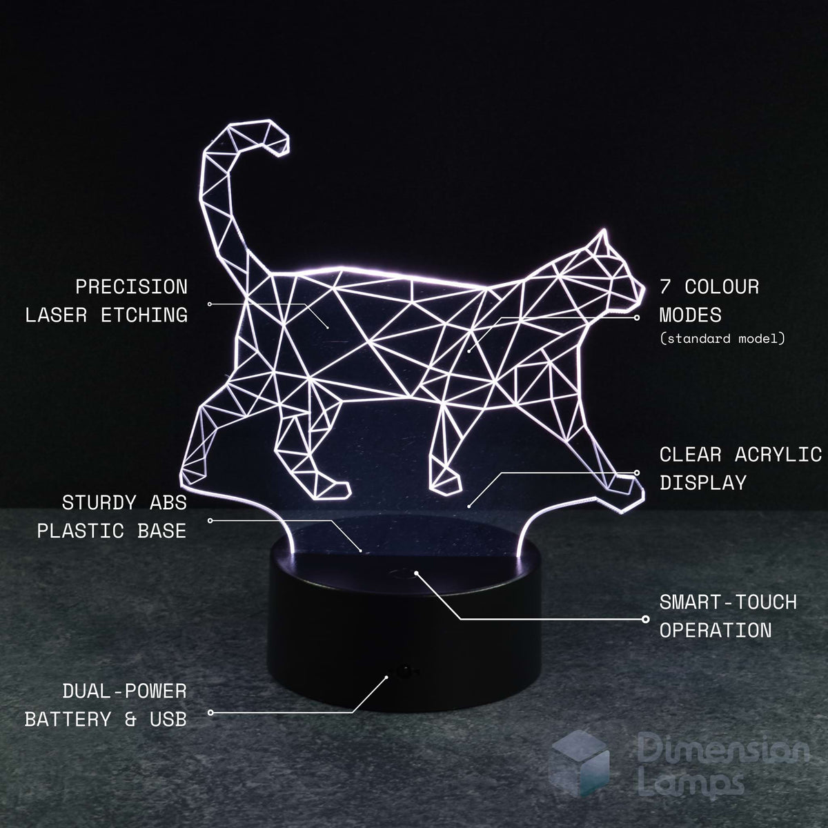 Walking cat 3d night lamps features: precision laser etching of the geometric feline outline, 7 colour modes, clear acrylic display, sturdy ABS plastic base, smart-touch operation, and dual power via battery or USB. A thoughtful gift for cat lovers.