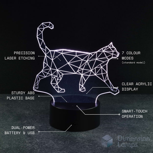 Walking cat 3d night lamps features: precision laser etching of the geometric feline outline, 7 colour modes, clear acrylic display, sturdy ABS plastic base, smart-touch operation, and dual power via battery or USB. A thoughtful gift for cat lovers.