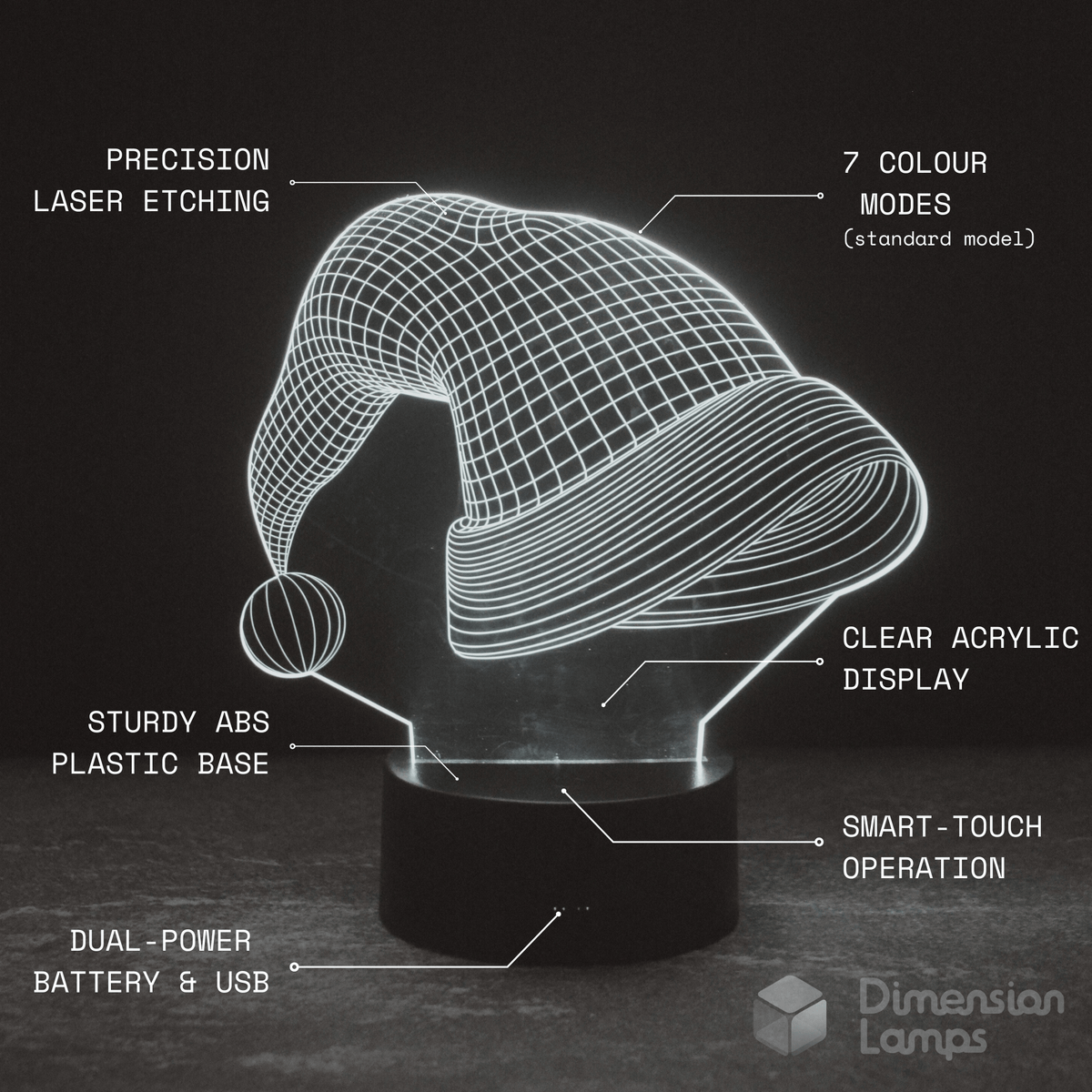 Features of the Santa Hat 3D Lamp for unique Christmas lighting in Australia: 7 colour modes, precision laser etching of a Santa hat, clear acrylic display, sturdy ABS plastic base, smart-touch operation, and dual power via battery and USB.