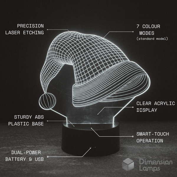 Features of the Santa Hat 3D Lamp for unique Christmas lighting in Australia: 7 colour modes, precision laser etching of a Santa hat, clear acrylic display, sturdy ABS plastic base, smart-touch operation, and dual power via battery and USB.