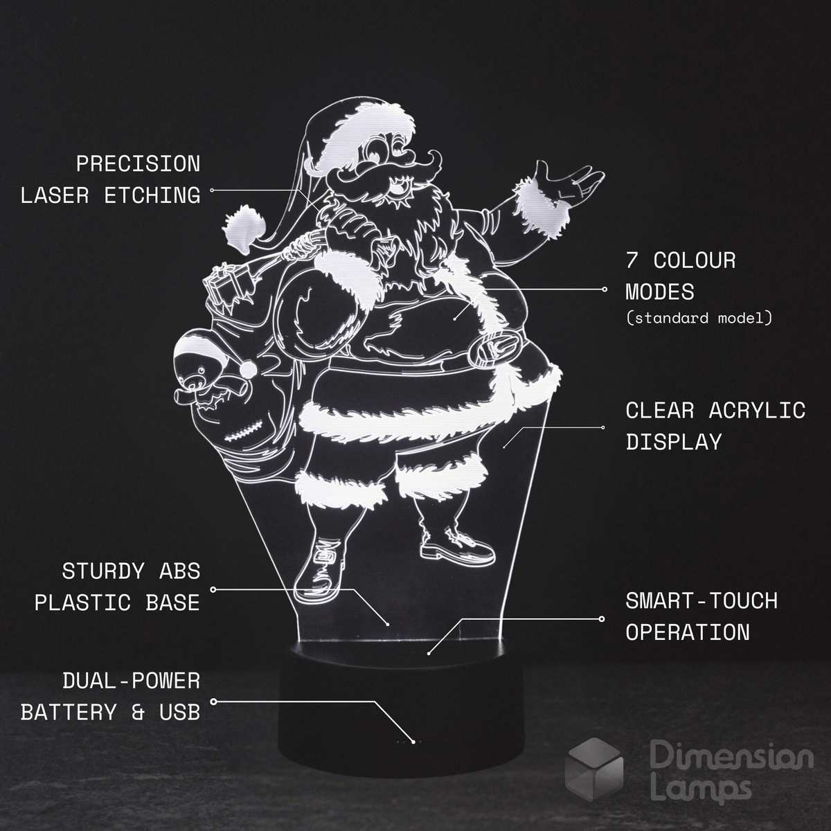 Santa Toy Bag 3D Lamp features: 7 colour modes, precision laser etching, clear acrylic display, strong ABS plastic base, smart touch operation, and versatile battery and USB power options.