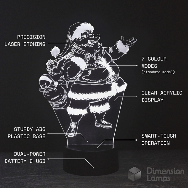 Santa Toy Bag 3D Lamp features: 7 colour modes, precision laser etching, clear acrylic display, strong ABS plastic base, smart touch operation, and versatile battery and USB power options.