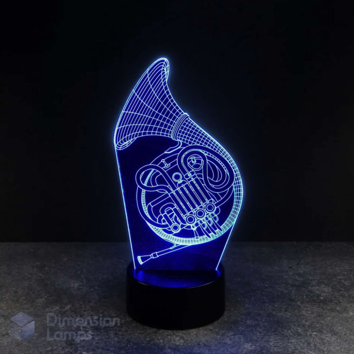 Blue french horn 3d night lamps: blue illumination of a detailed French horn outline on a lamp, rising from a base against a dark background. A thoughtful gift idea for brass players, hornists, and musicians in Australia. 