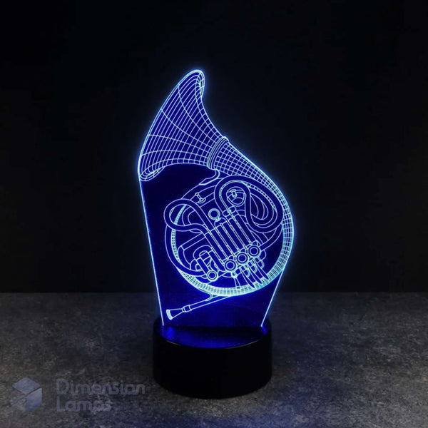 Blue french horn 3d night lamps: blue illumination of a detailed French horn outline on a lamp, rising from a base against a dark background. A thoughtful gift idea for brass players, hornists, and musicians in Australia. 