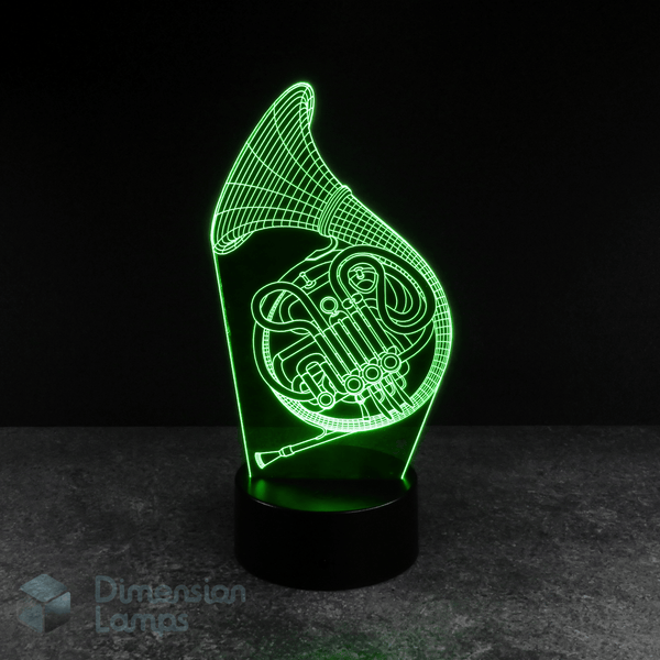 Green french horn 3d night lamps: green illumination of a detailed French horn outline on a lamp, rising from a base against a dark background. A thoughtful gift idea for brass players, hornists, and musicians in Australia. 