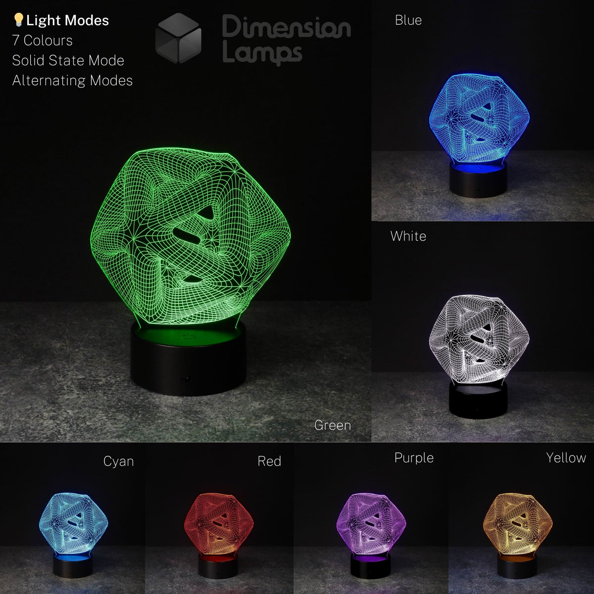 Seven views of a 3D night light in the shape of an icosahedron, a twenty-sided geometric solid, each illuminated in a different colour: green, blue, white, cyan, red, purple, and yellow, all on black bases. A stylish office lamp and intriguing study aid for users in Australia.