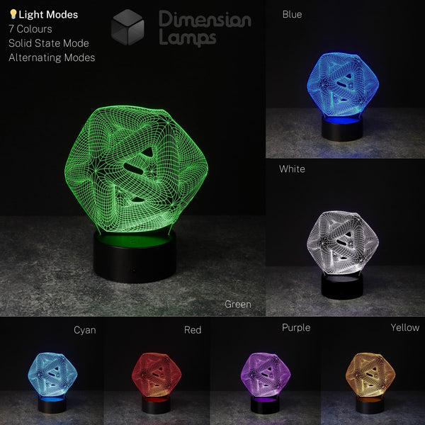 Seven views of a 3D night light in the shape of an icosahedron, a twenty-sided geometric solid, each illuminated in a different colour: green, blue, white, cyan, red, purple, and yellow, all on black bases. A stylish office lamp and intriguing study aid for users in Australia.