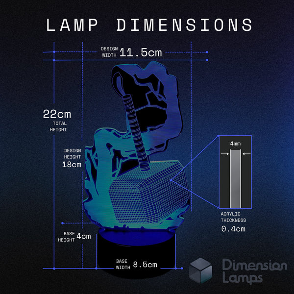 Dimensions of the Mythical Hammer 3D Lamp, a cool teenager gift available in Australia: design width 11.5cm, total height 22cm, design height 18cm, acrylic thickness 0.4cm, base height 4cm, and base width 8.5cm. 