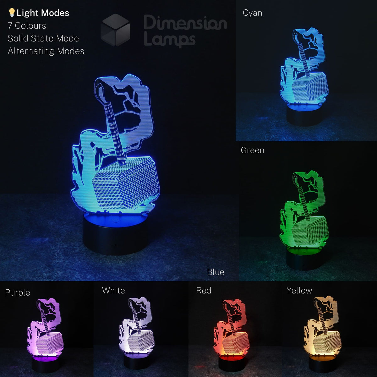 A vibrant gift idea for teenagers: a Mythical Hammer 3D lamp showcasing its seven different illumination colours with cool lightning details for their room.