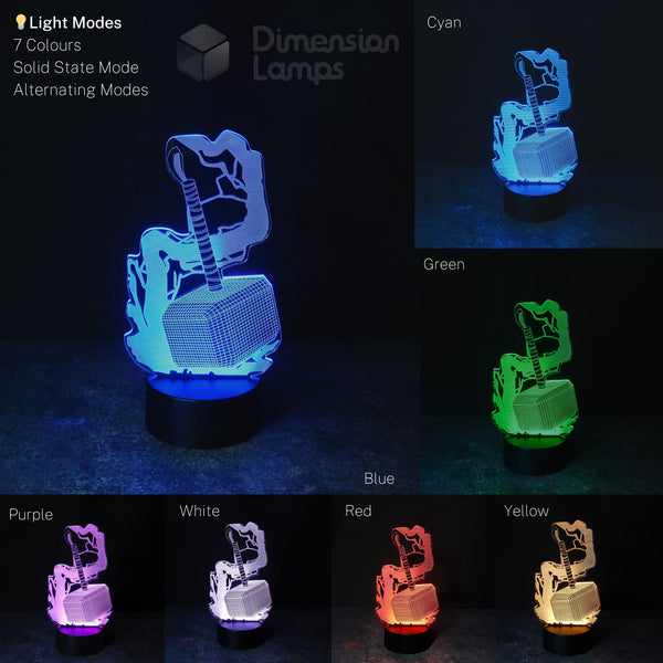 A vibrant gift idea for teenagers: a Mythical Hammer 3D lamp showcasing its seven different illumination colours with cool lightning details for their room.