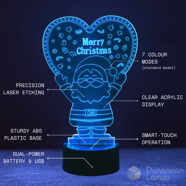 Santa Heart 3D Lamp features for festive decor: precision laser etching of Santa holding a "Merry Christmas" heart, 7 and 16 colour modes, clear acrylic display, strong ABS plastic base, smart touch operation, and versatile battery and USB power options.