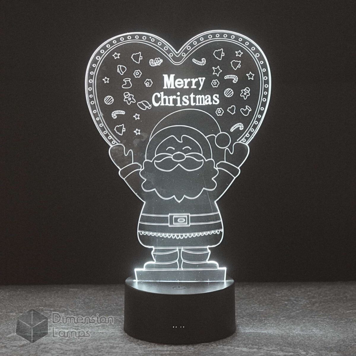 White Santa Heart 3D lamp: a festive Christmas decoration. Features Santa Claus holding a heart with "Merry Christmas", ideal for seasonal home decor. 