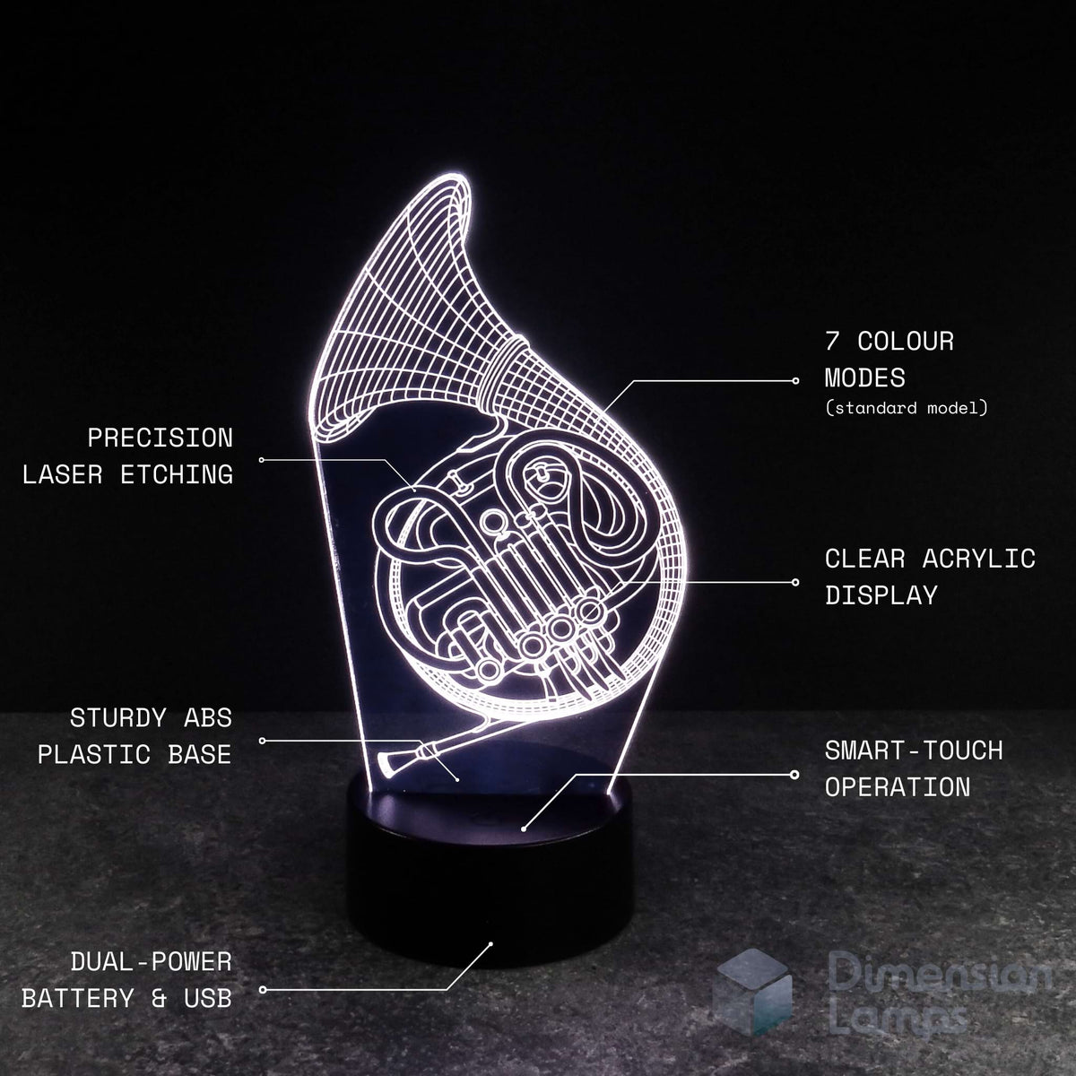 Consider this unique gift for brass players, hornists, or musicians: a 3D lamp showcasing a detailed French horn outline created with precision laser etching, offering 7 colour modes, a clear acrylic display, a sturdy ABS base, smart-touch operation, and dual power via battery or USB. 