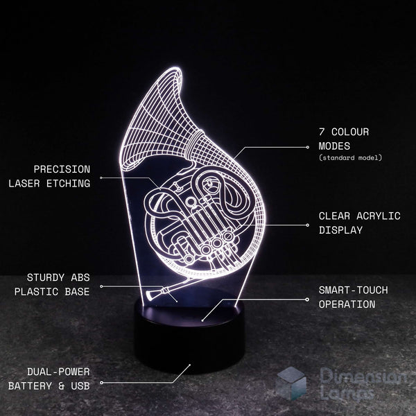 Consider this unique gift for brass players, hornists, or musicians: a 3D lamp showcasing a detailed French horn outline created with precision laser etching, offering 7 colour modes, a clear acrylic display, a sturdy ABS base, smart-touch operation, and dual power via battery or USB. 