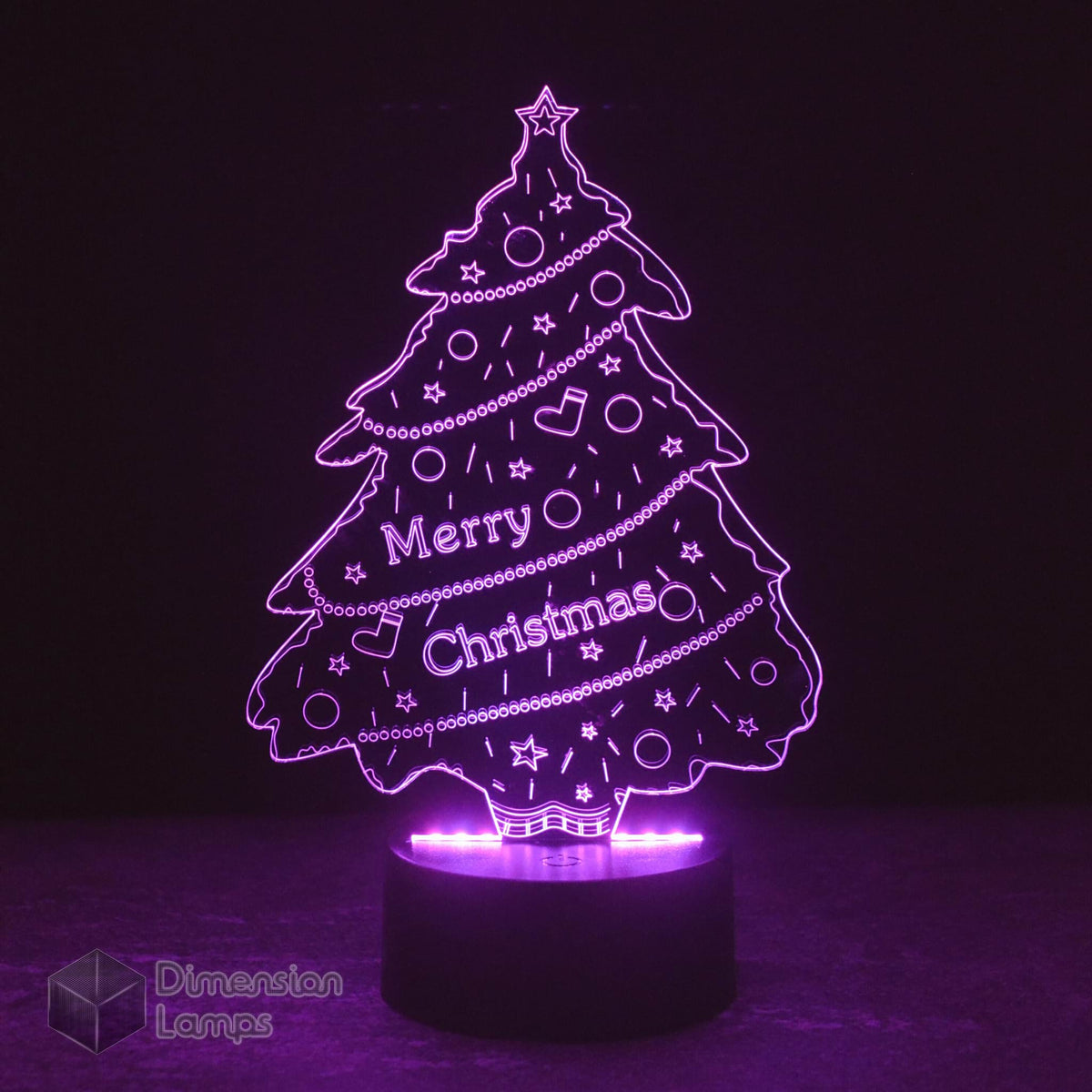 Purple Merry Christmas Tree 3D lamp: festive lighting. Features "Merry Christmas" text and incorporated holiday icons, ideal for seasonal illumination.