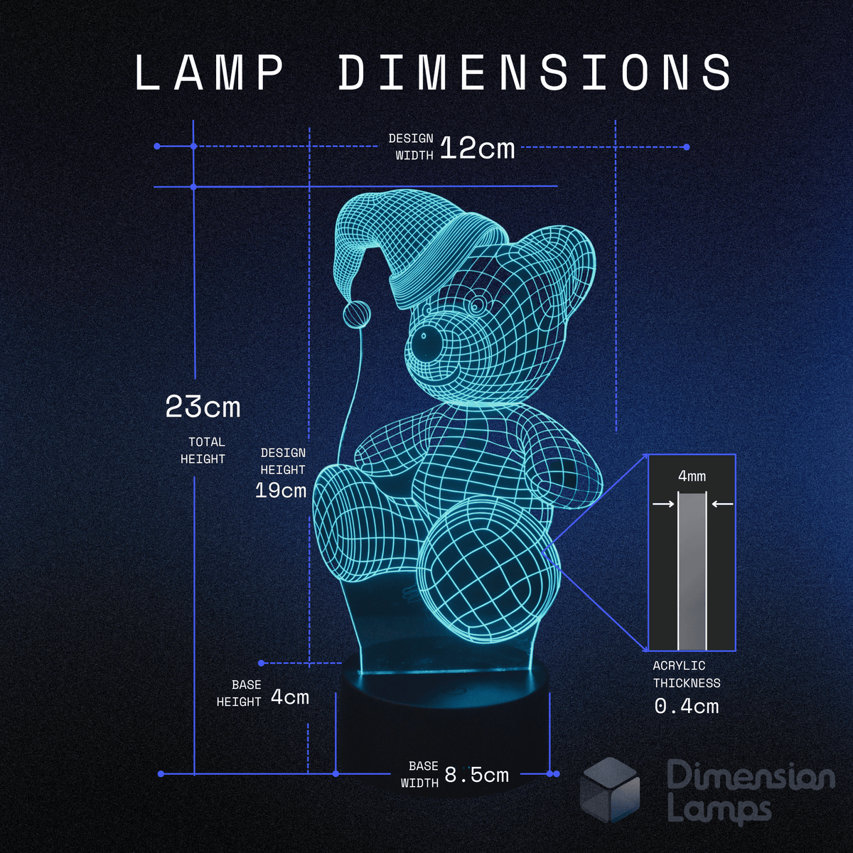 Lamp dimensions for the Teddy Bear Santa 3D Lamp, available in Australia: design width 12cm, total height 23cm, design height 19cm, acrylic thickness 0.4cm, base height 4cm, and base width 8.5cm.