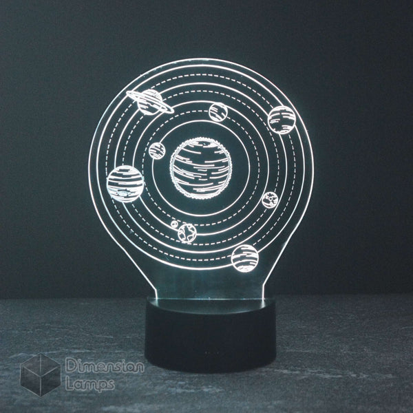 Solar System 3D lamp: white space-themed gift idea for kids. Features a design with the sun and orbiting planets, providing a gentle glow.