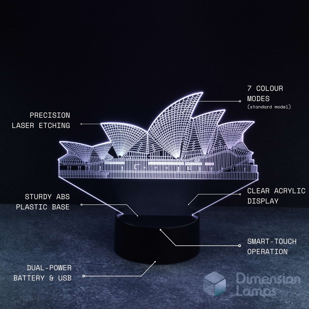 Detailed features of the 3D Sydney Opera House illusion lamp: precision laser etching defining the landmark's silhouette, seven colour modes, clear acrylic display, sturdy ABS plastic base, smart-touch operation, and dual power capability using batteries or USB. A distinctive 3d night lamps option and piece of Australiana. 