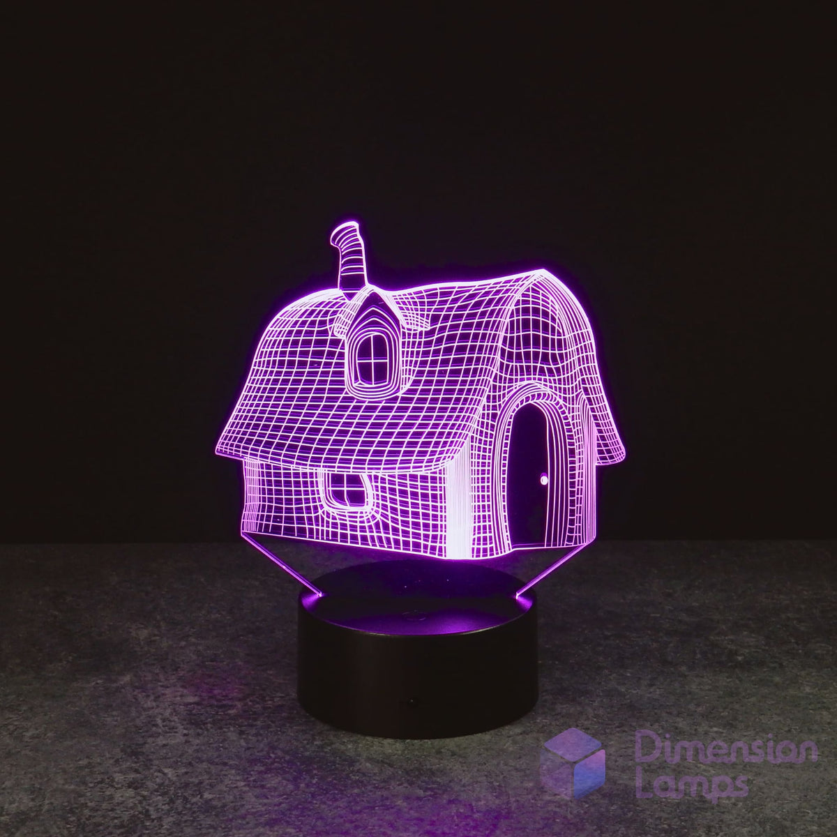 Purple fairytale house 3D lamp: wireframe magical house night light with curved roof, arched door, and round window, on a black base against a dark background. A unique fantasy gift as a night light in Australia.