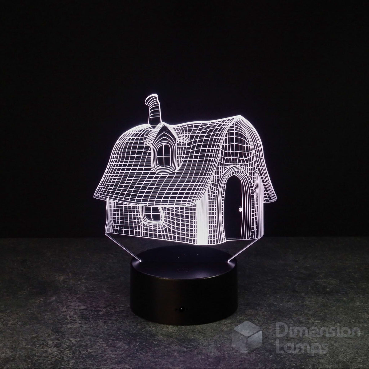 Nightlight: A 3D wireframe fairytale house lamp, glowing white, featuring a chimney, curved roof, and arched door. It rests on a black base against a dark background. A magical house and unique fantasy gift.