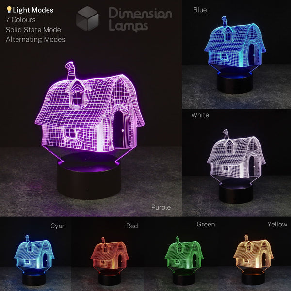 3D fairytale house illusion lamp night lamp, a charming magical house night light and fantasy gift, presenting its available colours: purple, blue, white, cyan, red, green, and yellow, each with a wireframe structure on a black base, for delivery in Australia. 