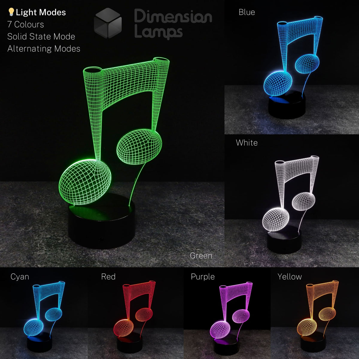 A collage showcases a 3D lamp in the shape of a musical quaver note, illuminated in seven colours: green, blue, white, cyan, red, purple, and yellow. Each lamp stands on a black base against a dark background, offering various lighting options for music lovers across Australia.