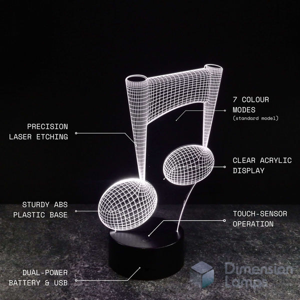 Musical note 3D lamp highlighting features by Dimension Lamps. Music teacher novelty gift idea. 