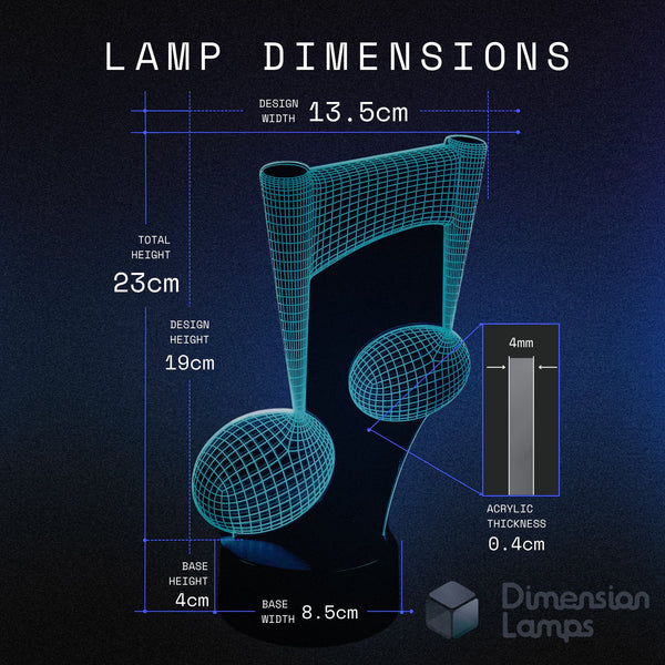 A helpful guide for music lovers or musicians: the 3D musical note lamp has a design width of 13.5cm, total height of 23cm, design height of 19cm, base height of 4cm, base width of 8.5cm, and an acrylic thickness of 0.4cm. A unique 3d night lamps option.