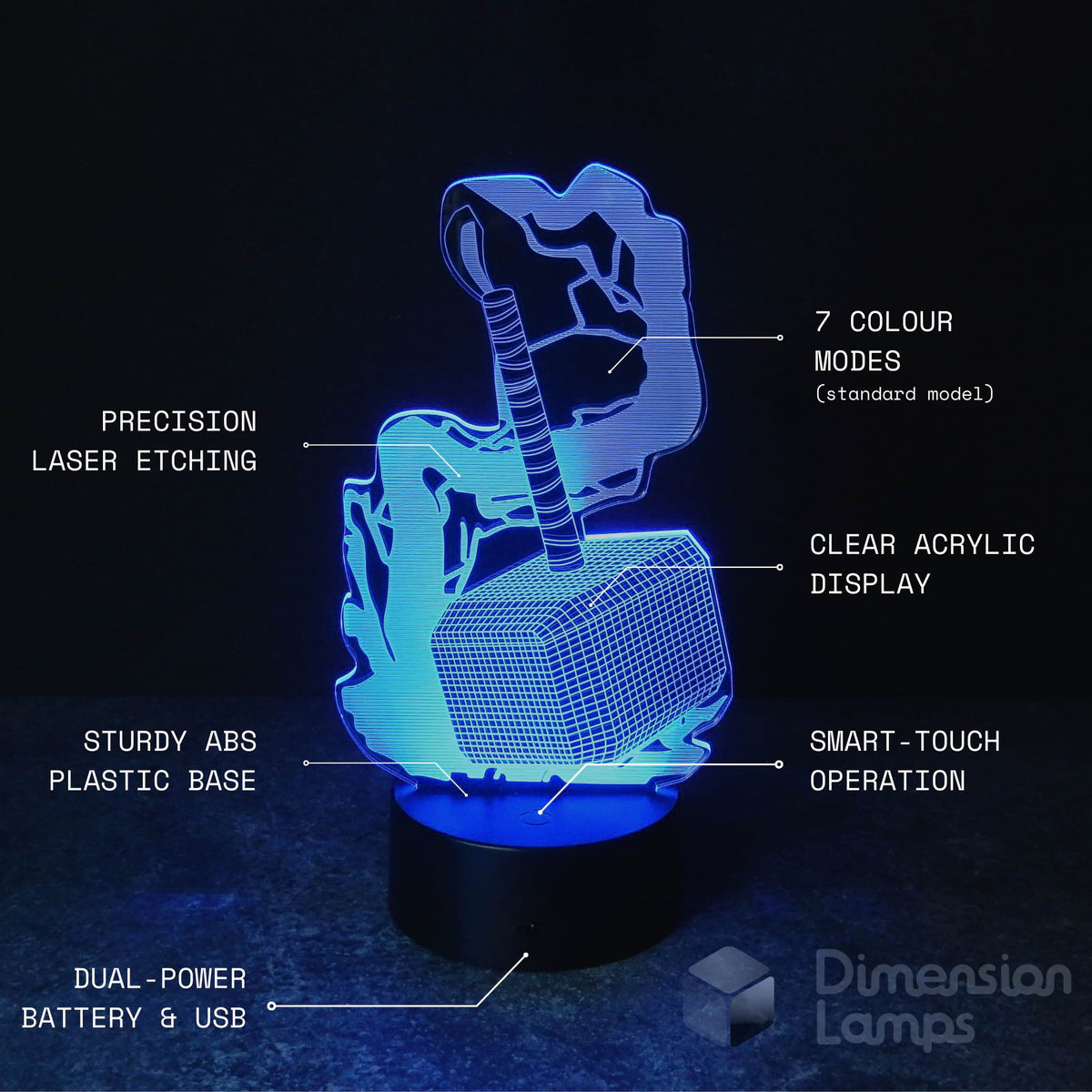 Features of the Mythical Hammer 3D Lamp, a cool gift for teenagers in Australia: precision laser etching, 7 colour modes, clear acrylic display, sturdy ABS plastic base, smart-touch operation, and dual power via battery and USB.