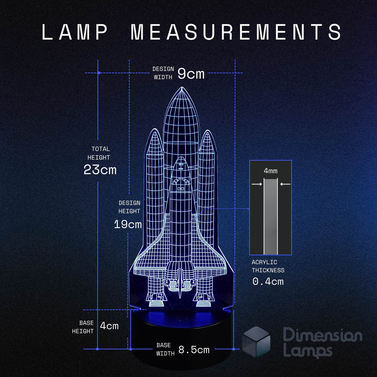 Measuring design width 9cm, design height 19cm, and total height 23cm, with an acrylic thickness of 0.4cm and a base width of 8.5cm, this 3D Space Shuttle lamp is a unique night light option for boys rooms in Australia.