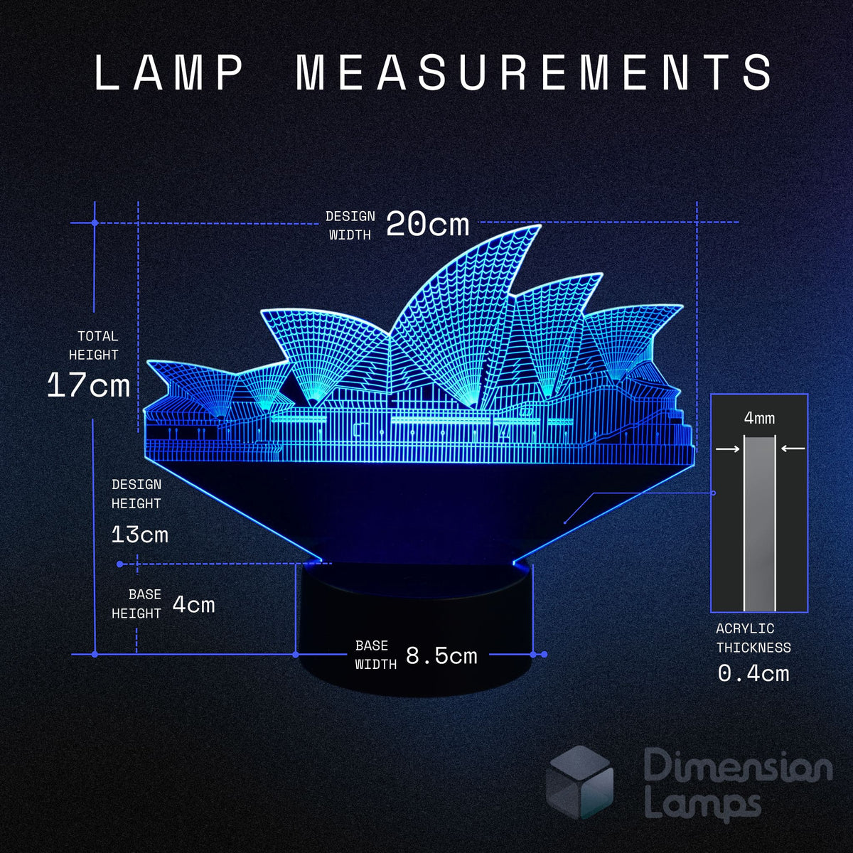 Technical measurements for a 3D Sydney Opera House illusion lamp: design width 20cm, total height 17cm, design height 13cm, base height 4cm, base width 8.5cm, and acrylic thickness 0.4cm. A distinctive 3d night lamps option Australiana gift idea. 