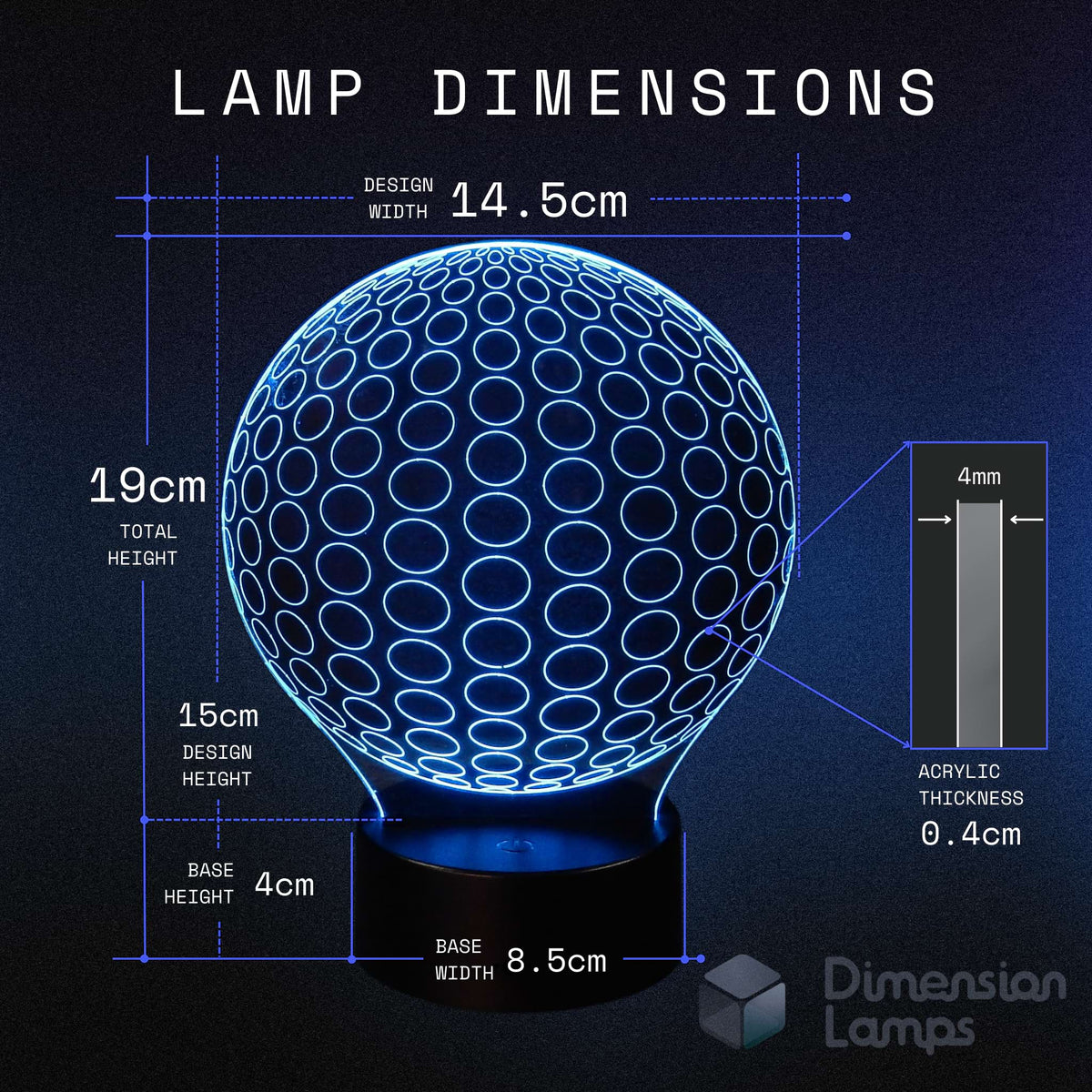 A helpful study aid gift idea: the 3D symmetrical radial circles lamp has a design width of 14.5cm, total height of 19cm, design height of 15cm, base height of 4cm, base width of 8.5cm, and an acrylic thickness of 0.4cm.