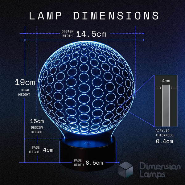 A helpful study aid gift idea: the 3D symmetrical radial circles lamp has a design width of 14.5cm, total height of 19cm, design height of 15cm, base height of 4cm, base width of 8.5cm, and an acrylic thickness of 0.4cm.