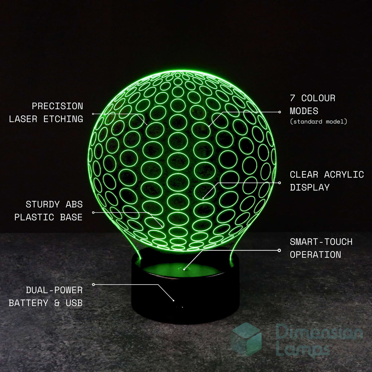 Explore the features of a 3D radial circles lamp, a potential study aid in Australia: precision laser etching of the symmetrical spherical design, 7 colour modes, clear acrylic display, sturdy ABS base, smart-touch operation, and dual power via battery or USB.