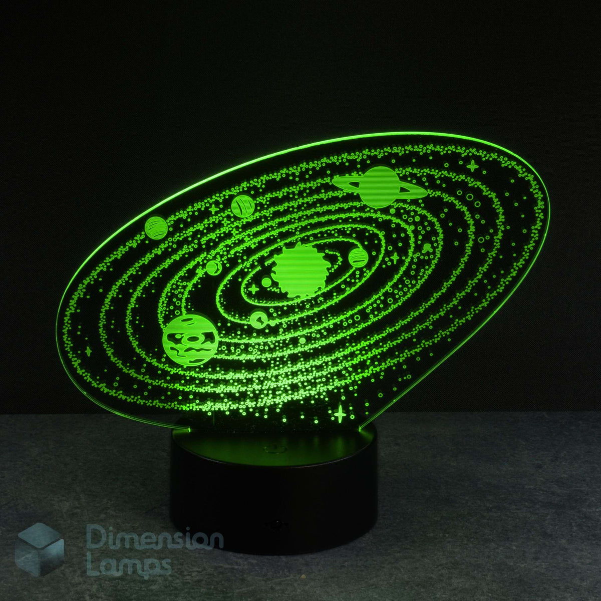 Green 3d night lamps showcasing the solar system with orbiting planets, illuminated on a black base against a dark background. This unique lamp provides ambient lighting and serves as an educational and decorative piece for a boys room.