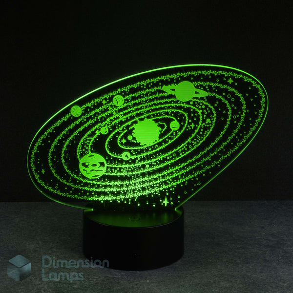 Green 3d night lamps showcasing the solar system with orbiting planets, illuminated on a black base against a dark background. This unique lamp provides ambient lighting and serves as an educational and decorative piece for a boys room.
