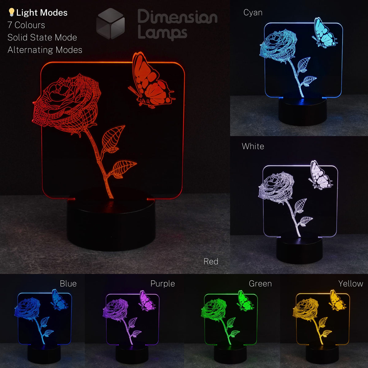 A collage displays a 3D lamp featuring a rose and butterfly, illuminated in seven colours: red, cyan, white, blue, purple, green, and yellow, each on a black base. A floral and insect night light for homes across Australia. 