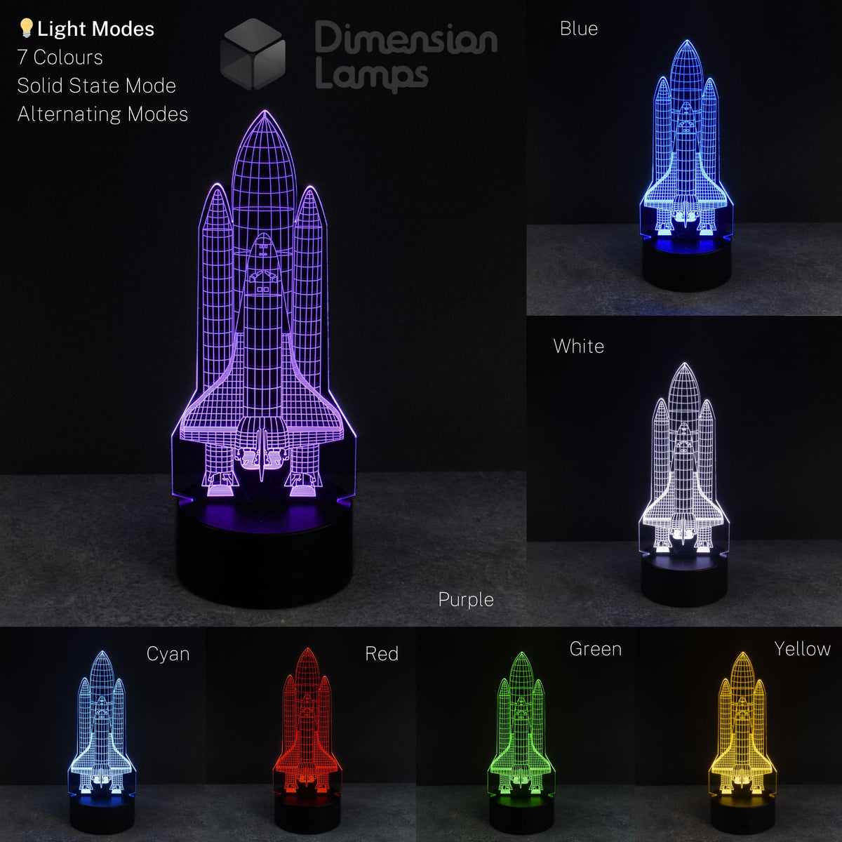 Nightlight colour variations of a rocket design: A 3D lamp with a space shuttle is shown in a collage, glowing in purple, blue, white, cyan, red, green, and yellow, each on a black base. A cool 3d night lamps choice for a boys room.