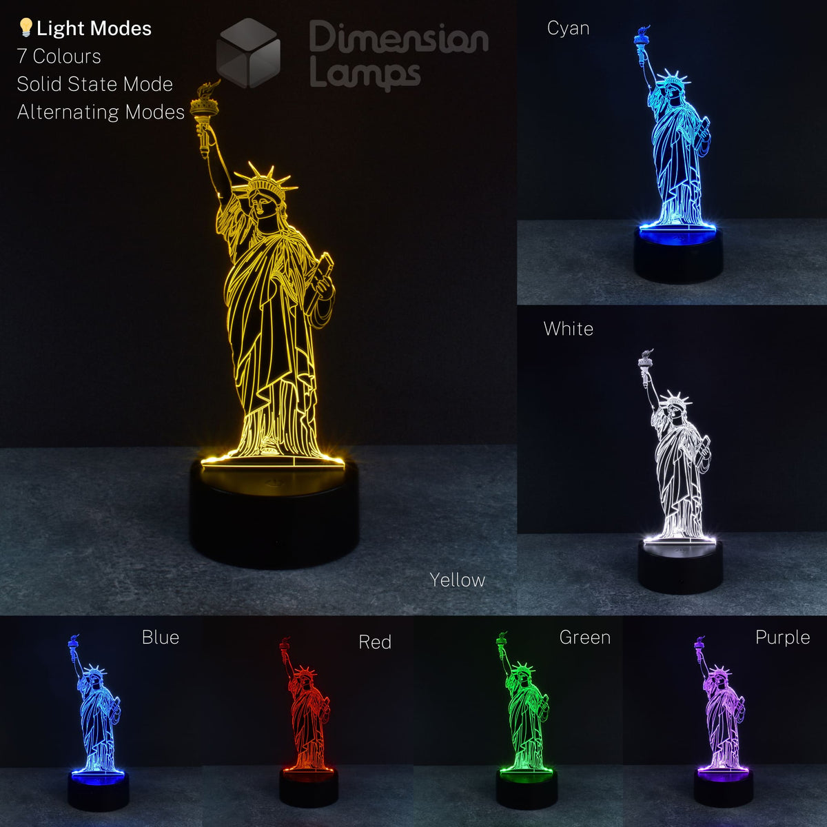 Seven colour variations are displayed for a 3D nightlight featuring the Statue of Liberty. The collage shows the iconic landmark illuminated in yellow, blue, white, cyan, red, green, and purple, each on a black base against a dark background. A cool 3d night lamps choice.