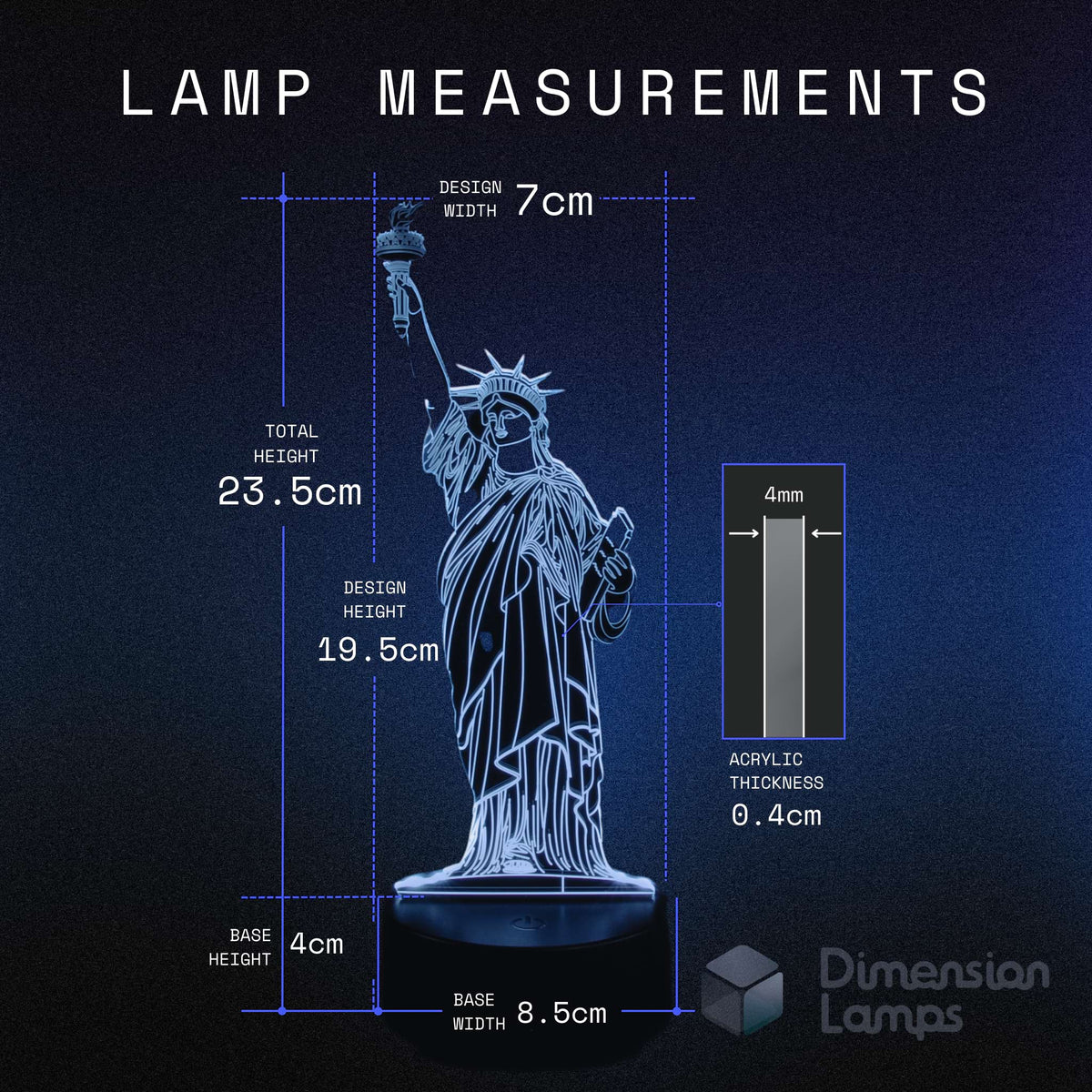 Statue of Liberty 3d night lamps dimensions: design width 7cm, total height 23.5cm, design height 19.5cm, acrylic thickness 0.4cm, base height 4cm, and base width 8.5cm. A thoughtful travel-inspired gift idea for lovers of American icons. 