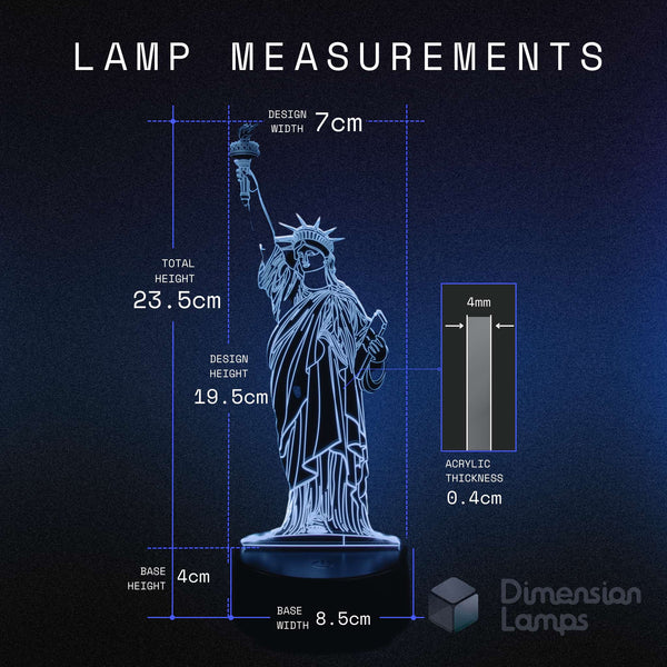 Statue of Liberty 3d night lamps dimensions: design width 7cm, total height 23.5cm, design height 19.5cm, acrylic thickness 0.4cm, base height 4cm, and base width 8.5cm. A thoughtful travel-inspired gift idea for lovers of American icons. 