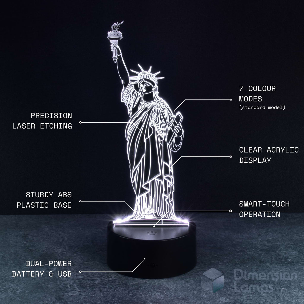 Statue of Liberty 3d night lamps features: precision laser etching of the iconic landmark's design, 7 colour modes, clear acrylic display, sturdy ABS plastic base, smart-touch operation, and dual power via battery or USB. A thoughtful travel-inspired gift idea.