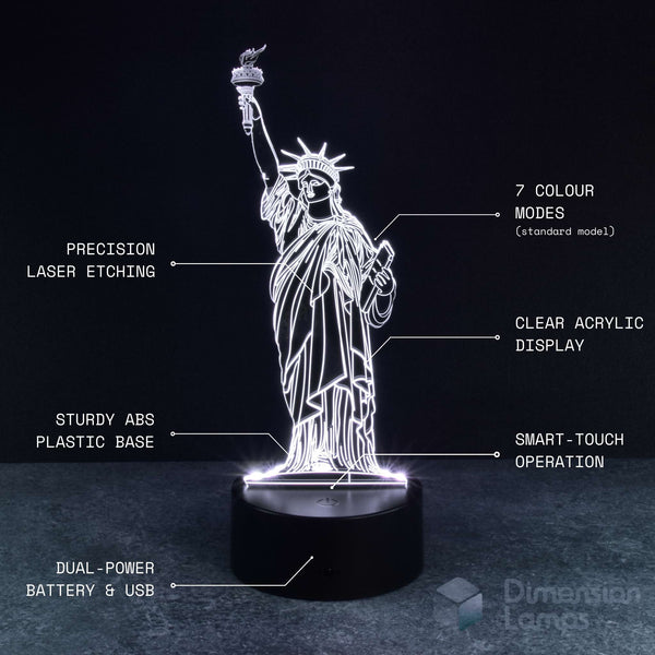 Statue of Liberty 3d night lamps features: precision laser etching of the iconic landmark's design, 7 colour modes, clear acrylic display, sturdy ABS plastic base, smart-touch operation, and dual power via battery or USB. A thoughtful travel-inspired gift idea.